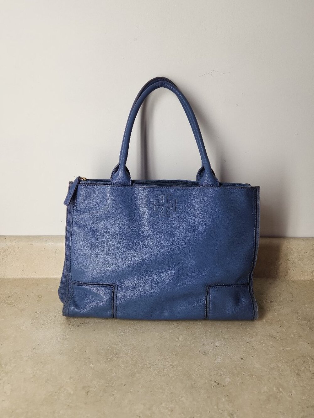Tory Burch Ella Leather Canvas Large Tote Laptop Bag blue